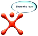 A red stylized human figure with a speech bubble that says 'Share the love.'