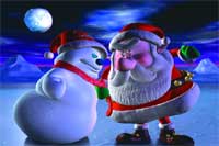 Santa Claus and a snowman dancing together in a snowy landscape under a bright full moon.