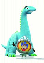 A tall, light blue cartoon dinosaur with a green spine stands behind a small character in a silver helmet.