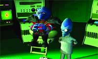 Two blue humanoid figures with large heads stand in a green-lit room with control panels.