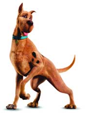 A cartoon brown Great Dane standing on its hind legs with its tongue out against a white background.