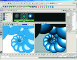Software interface showing two versions of a blue circular spiral pattern on light and dark backgrounds.