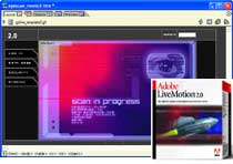 Software interface showing a colorful graphic with text 'scan in progress' next to an Adobe LiveMotion box.