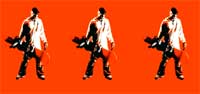 Three repeating silhouettes of a man walking, rendered in high-contrast black and white on an orange background.