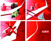 Four red and white abstract graphic panels featuring fragmented shapes and small photographic inserts.