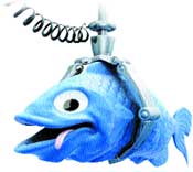 A blue cartoon fish with large eyes and an open mouth, wearing a metal harness attached to a coiled wire.