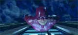 A motion-blurred figure in a red superhero suit running toward the camera against a dark blue sky.