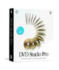 A white software box for DVD Studio Pro featuring a circular arrangement of several gold and blue discs.