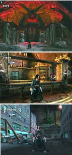 Three gameplay screenshots showing a character in dark, fantasy, and urban environments.