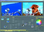 Software interface displaying a node graph, a color wheel, and two comparison images of a landscape and a bull.