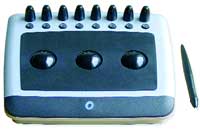 A white rectangular device with eight small black buttons, three large black knobs, and a separate stylus.