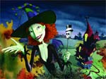 A green-skinned witch with red hair and a large black hat stands in a dark, colorful landscape.