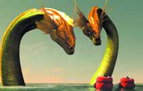 Two long-necked sea serpents with orange heads emerging from the water against a pale sky.