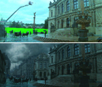 A split image showing a film set with a green screen above and a dark, cinematic finished scene below.