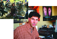 A collage featuring a cinematic battle scene and a man in a plaid shirt sitting in an office with audio equipment.