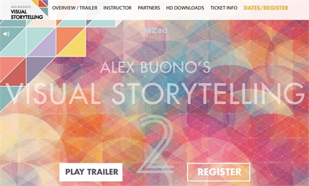 Colorful geometric pattern background with text for Alex Buono's Visual Storytelling 2 and buttons to play trailer or registe