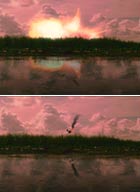 Two panels showing a bright orange explosion over a dark treeline reflected in water, followed by smoke rising.