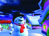 A 3D animated snowman with a black hat and red scarf in a snowy, colorful village at night.