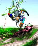 A large red ant walking across a grassy mound while carrying a cluster of colorful mechanical parts.