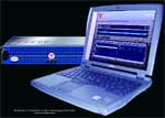 A blue laptop displaying data next to a blue rectangular electronic device against a black background.