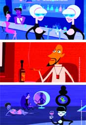 Three colorful, stylized cartoon panels featuring various characters in blue, red, and purple tones.