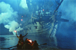 A large wooden ship emerges through blue mist as people in a small boat approach with glowing torches.