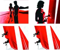 Four panels showing black silhouettes against red and white backgrounds, including figures and climbers.