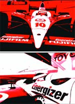 High-contrast red and white close-ups of a white racing car featuring Energizer and Fujifilm branding.