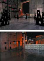Nighttime views of dark industrial spaces with scaffolding, metal structures, and dim orange lighting.