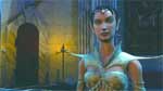 A digital character with dark hair and pointed collar stands before a dimly lit stone archway.