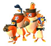 Five colorful animated penguins standing in a group against a white background.