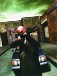 A person in a dark coat aims a shotgun forward in a narrow city alley under a green sky.