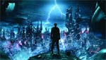 Silhouette of a man standing on a cliff looking at a glowing blue futuristic city under lightning.