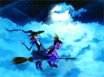 Two witches flying on a single broomstick through blue clouds under a bright moon.