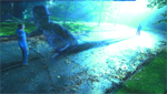 A giant, ghostly figure in a top hat reaches toward a small person standing on a path in a misty park.