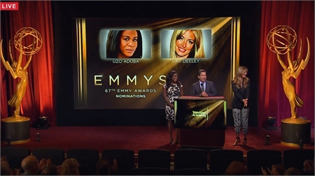 A stage with a large screen showing Uzo Aduba and Cat Deeley, flanked by two large Emmy statues.