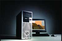 A black computer tower stands next to a computer monitor and a mouse on a desk.