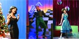 Three panels showing a woman in black, a man in green pants dancing, and a woman in a blue dress.