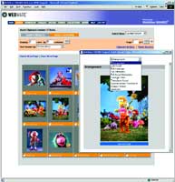 WebMate interface displaying a grid of colorful cartoon character thumbnails and a pop-up menu over a larger image.