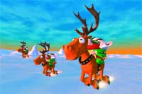 Three cartoon reindeer flying over a snowy landscape under a blue and orange sky.
