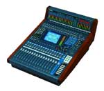 A professional digital audio mixing console with various sliders, knobs, and a central display screen.