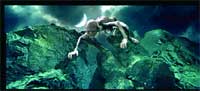 A person floats mid-air above jagged, green-tinted mountains under a dark, cloudy sky.
