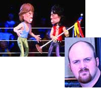 Caricature puppets in a wrestling ring and a portrait of a man with a goatee.