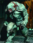 A large, pale, muscular humanoid creature with red wounds on its head and shoulder, crouching in a dark room.