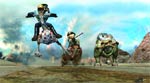 Three figures riding large animals through a dusty, open landscape under a blue sky.