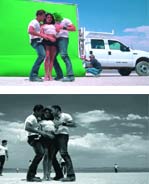 A split view showing a film crew with a green screen above and a black and white version of the scene below.