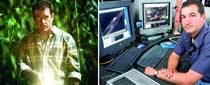 Split image: a man in a plaid shirt in a jungle on the left, and a man sitting at a desk with monitors on the right.