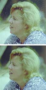 Profile view of a blonde woman looking to the left, wearing a patterned blue and white top.