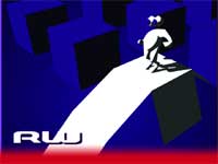 A white silhouette of a person walking across a narrow white beam between dark blue blocks.