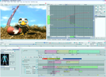 Interface of animation software displaying a 3D bird character, a motion graph, and a multi-track timeline.